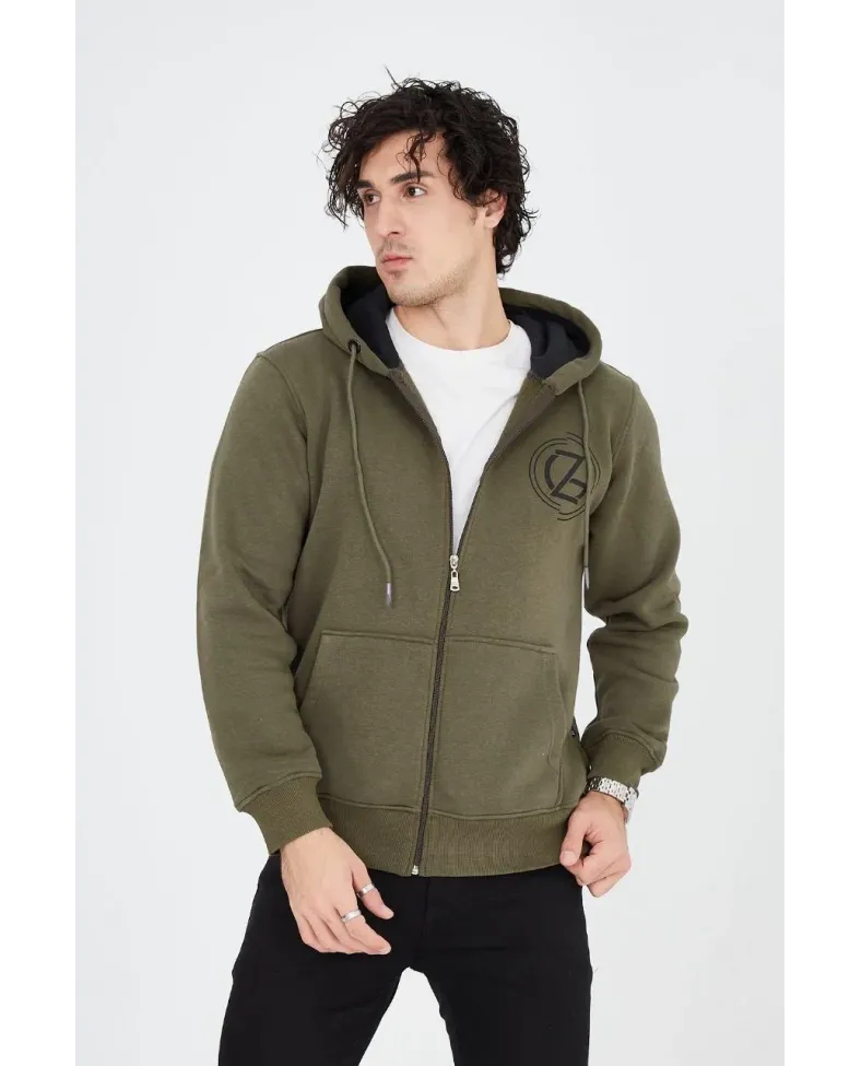 Erkek 3 İplik Pamuklu Fermuarlı Kapüşonlu Kanguru Cepli Baskılı Hoodie Hırka Sweatshirt - Yeşil
