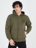 Erkek 3 İplik Pamuklu Fermuarlı Kapüşonlu Kanguru Cepli Baskılı Hoodie Hırka Sweatshirt - Yeşil