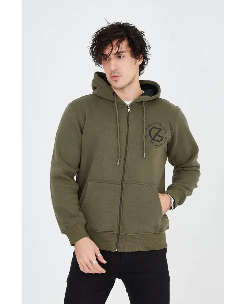 Erkek 3 İplik Pamuklu Fermuarlı Kapüşonlu Kanguru Cepli Baskılı Hoodie Hırka Sweatshirt - Yeşil