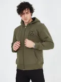 Erkek 3 İplik Pamuklu Fermuarlı Kapüşonlu Kanguru Cepli Baskılı Hoodie Hırka Sweatshirt - Yeşil