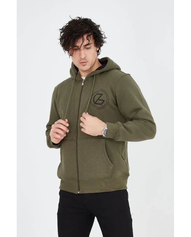 Erkek 3 İplik Pamuklu Fermuarlı Kapüşonlu Kanguru Cepli Baskılı Hoodie Hırka Sweatshirt - Yeşil