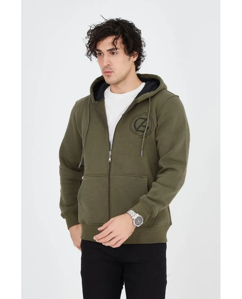Erkek 3 İplik Pamuklu Fermuarlı Kapüşonlu Kanguru Cepli Baskılı Hoodie Hırka Sweatshirt - Yeşil