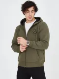 Erkek 3 İplik Pamuklu Fermuarlı Kapüşonlu Kanguru Cepli Baskılı Hoodie Hırka Sweatshirt - Yeşil
