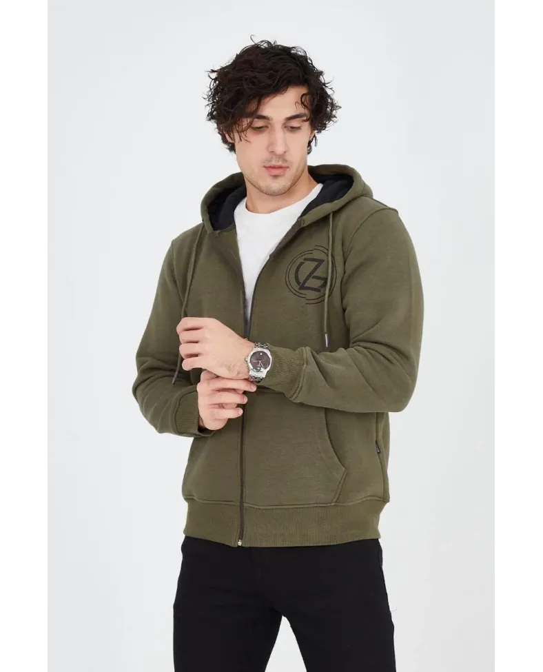 Erkek 3 İplik Pamuklu Fermuarlı Kapüşonlu Kanguru Cepli Baskılı Hoodie Hırka Sweatshirt - Yeşil