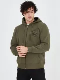 Erkek 3 İplik Pamuklu Fermuarlı Kapüşonlu Kanguru Cepli Baskılı Hoodie Hırka Sweatshirt - Yeşil