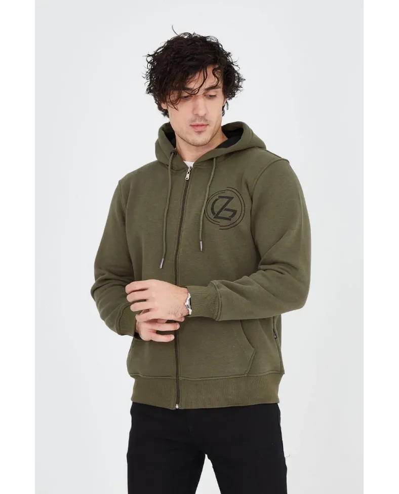 Erkek 3 İplik Pamuklu Fermuarlı Kapüşonlu Kanguru Cepli Baskılı Hoodie Hırka Sweatshirt - Yeşil