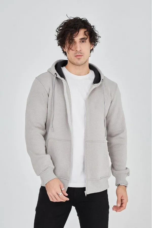 Erkek Kapüşonlu Düz Fermuarlı Hırka - Boyalı Gri