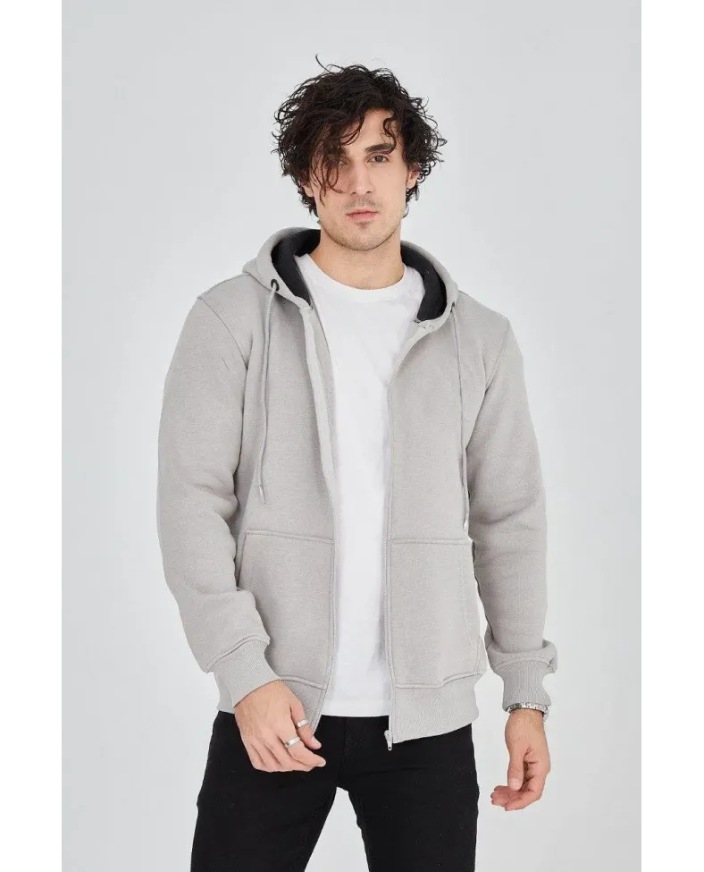 Erkek Kapüşonlu Düz Fermuarlı Hırka - Boyalı Gri