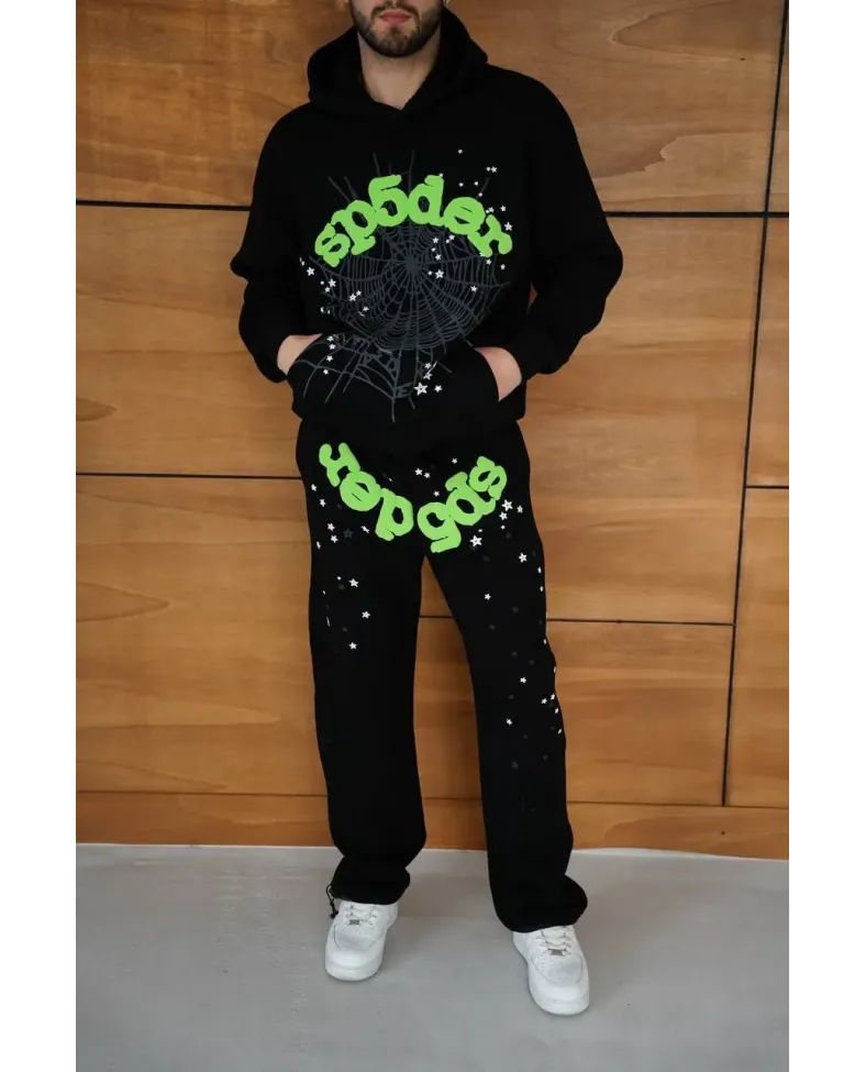 Erkek Kapüşonlu Eşofman Takım Örümcek Ağı ve Neon Yeşil Baskılı Kanguru cepli - Siyah