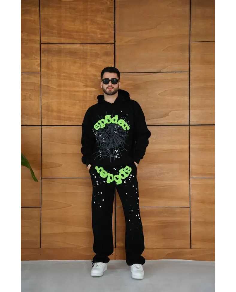 Erkek Kapüşonlu Eşofman Takım Örümcek Ağı ve Neon Yeşil Baskılı Kanguru cepli - Siyah