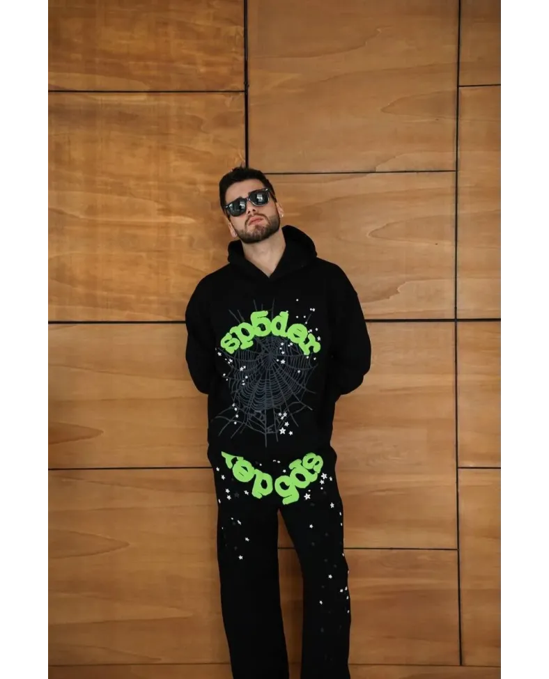 Erkek Kapüşonlu Eşofman Takım Örümcek Ağı ve Neon Yeşil Baskılı Kanguru cepli - Siyah