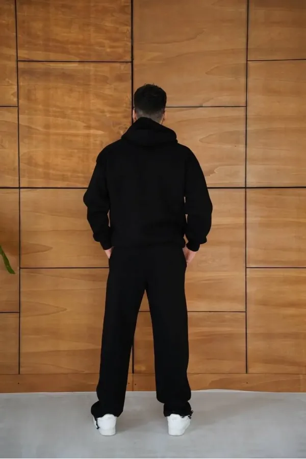 Erkek Kapüşonlu Eşofman Takım Örümcek Ağı ve Neon Yeşil Baskılı Kanguru cepli - Siyah