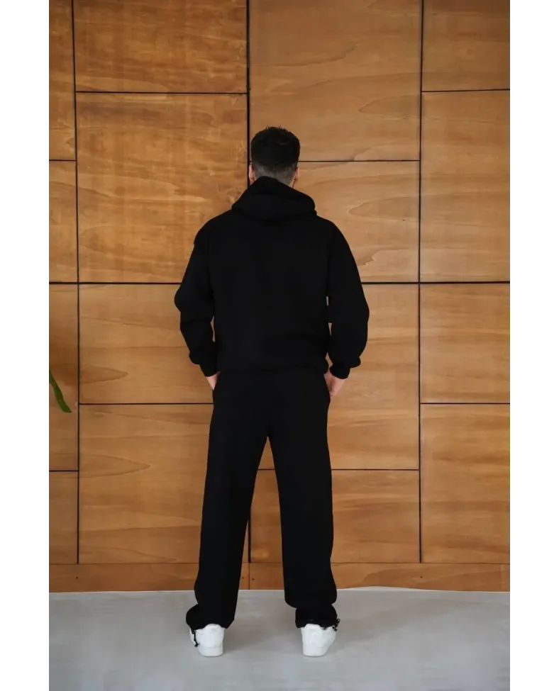 Erkek Kapüşonlu Eşofman Takım Örümcek Ağı ve Neon Yeşil Baskılı Kanguru cepli - Siyah