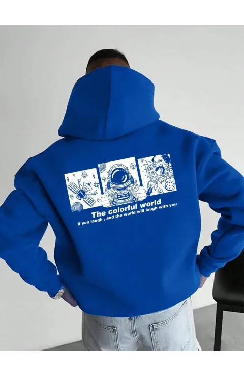 Erkek Kapüşonlu Oversize Üç İplik Pamuklu Astronot Temalı Renkli Dünya Baskılı - Saks Mavisi