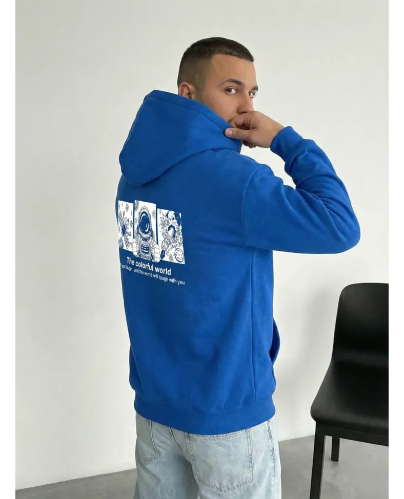 Erkek Baskılı Kapüşonlu Cepli Hoodie 3 İplik Pamuklu Sweatshirt - Saks Mavisi Somersan Giyim | Kadın, Erkek ve Çocuk Moda