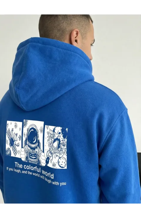 Erkek Kapüşonlu Oversize Üç İplik Pamuklu Astronot Temalı Renkli Dünya Baskılı - Saks Mavisi