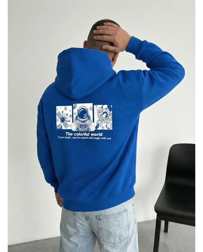 Erkek Baskılı Kapüşonlu Cepli Hoodie 3 İplik Pamuklu Sweatshirt - Saks Mavisi Somersan Giyim | Kadın, Erkek ve Çocuk Moda