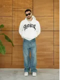 Erkek Kapüşonlu 3 İplik Şardonlu Önü Baskılı Fermuarlı Oversize Sweatshirt - Beyaz