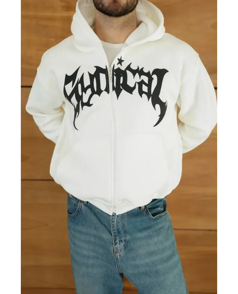 Erkek Kapüşonlu 3 İplik Şardonlu Önü Baskılı Fermuarlı Oversize Sweatshirt - Beyaz