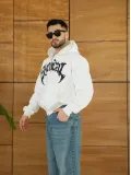 Erkek Kapüşonlu 3 İplik Şardonlu Önü Baskılı Fermuarlı Oversize Sweatshirt - Beyaz