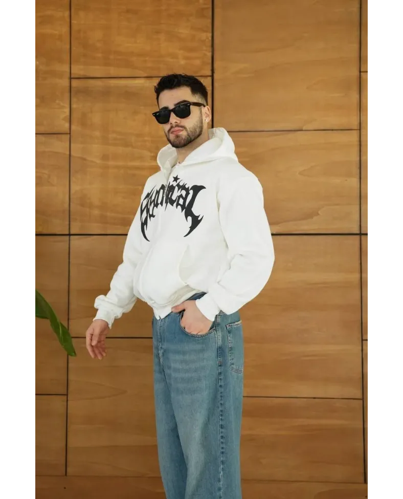 Erkek Kapüşonlu 3 İplik Şardonlu Önü Baskılı Fermuarlı Oversize Sweatshirt - Beyaz
