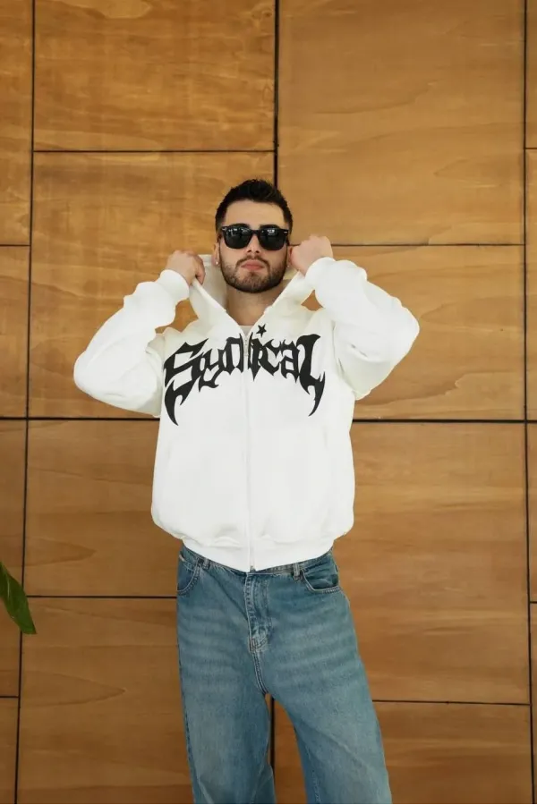 Erkek Kapüşonlu 3 İplik Şardonlu Önü Baskılı Fermuarlı Oversize Sweatshirt - Beyaz
