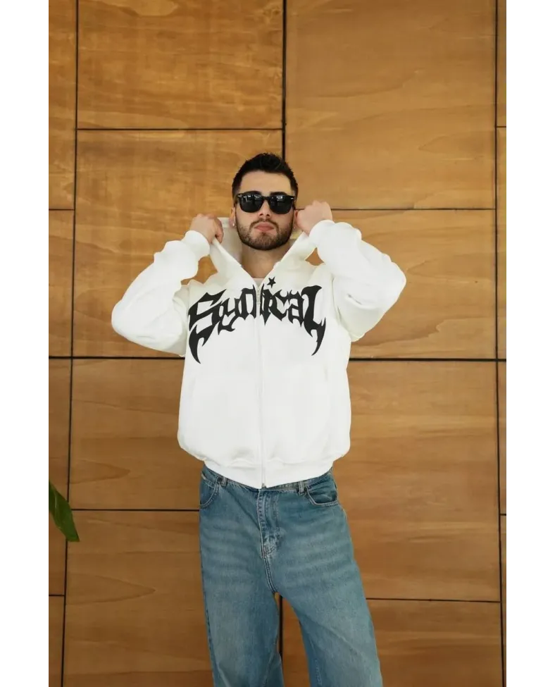 Erkek Kapüşonlu 3 İplik Şardonlu Önü Baskılı Fermuarlı Oversize Sweatshirt - Beyaz