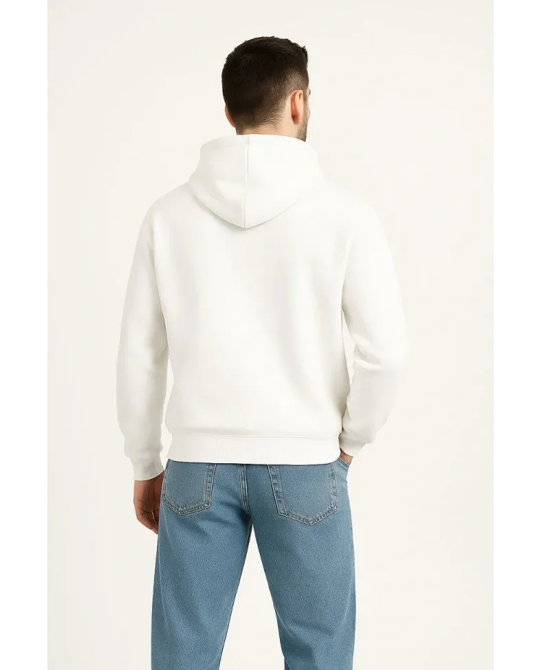 Erkek Kapüşonlu 3 İplik Şardonlu Önü Baskılı Fermuarlı Oversize Sweatshirt - Beyaz