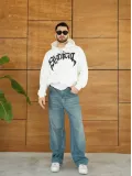 Erkek Kapüşonlu 3 İplik Şardonlu Önü Baskılı Fermuarlı Oversize Sweatshirt - Beyaz