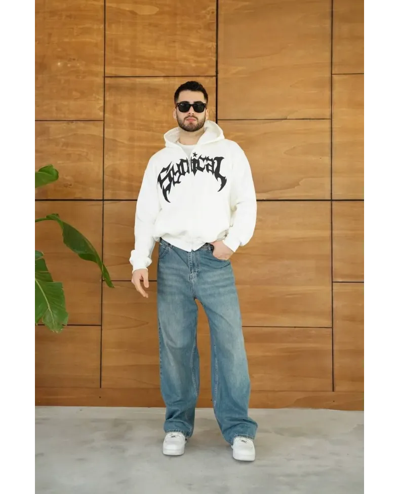 Erkek Kapüşonlu 3 İplik Şardonlu Önü Baskılı Fermuarlı Oversize Sweatshirt - Beyaz