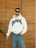 Erkek Kapüşonlu 3 İplik Şardonlu Önü Baskılı Fermuarlı Oversize Sweatshirt - Beyaz