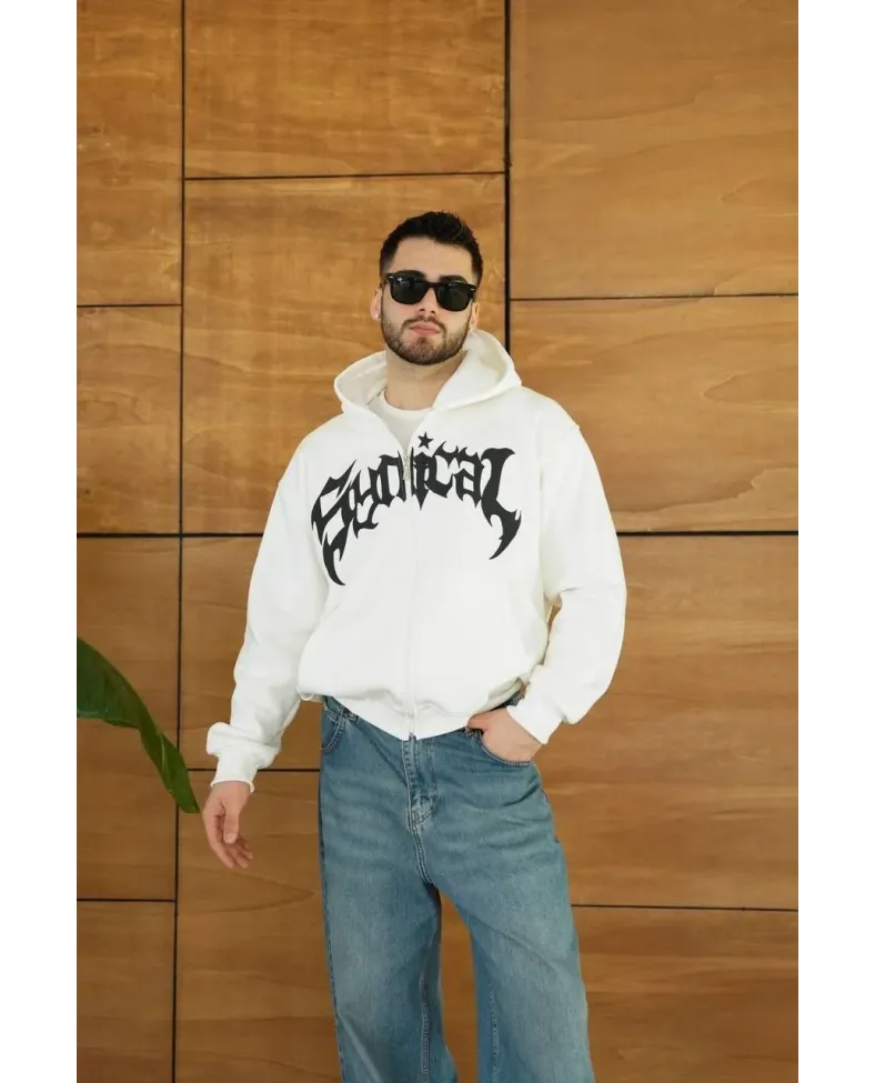Erkek Kapüşonlu 3 İplik Şardonlu Önü Baskılı Fermuarlı Oversize Sweatshirt - Beyaz