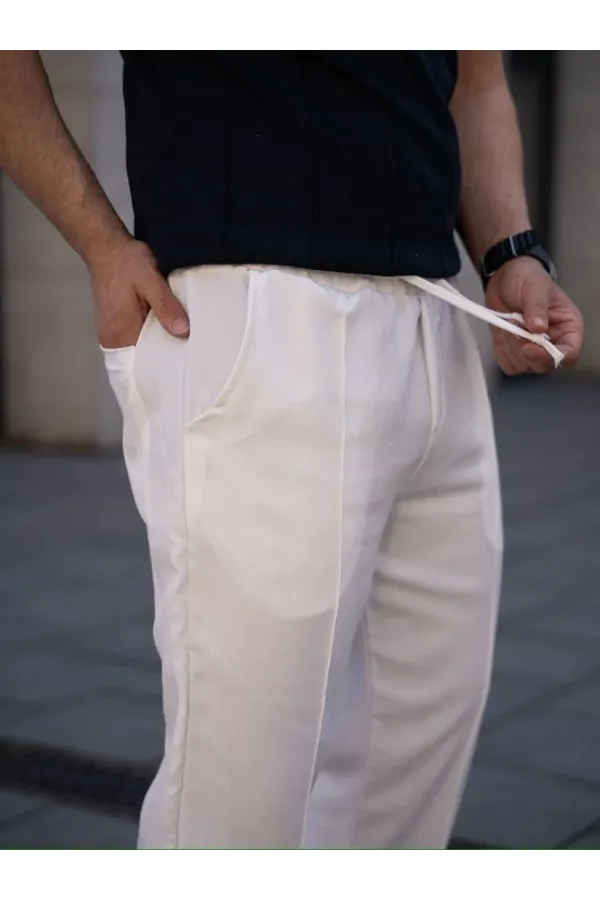 Erkek Keten Cepli Çıma Dikişli jogger Buggy Pantalon Rahat kalıp - Beyaz