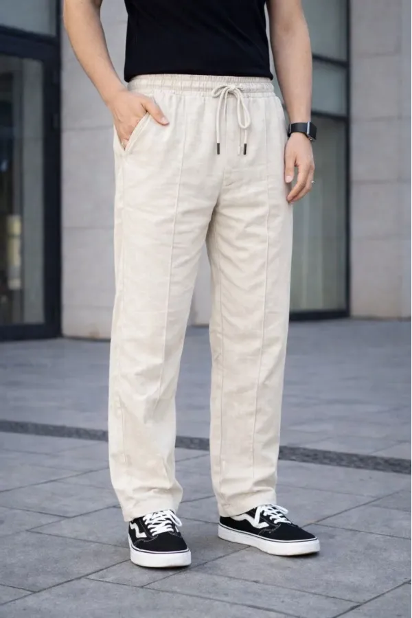 Erkek Keten Cepli Çıma Dikişli jogger Buggy Pantalon Rahat kalıp - Krem