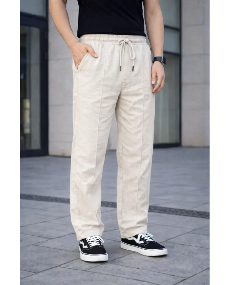 Erkek Keten Cepli Çıma Dikişli jogger Buggy Pantalon Rahat kalıp - Krem