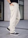 Erkek Keten Cepli Çıma Dikişli jogger Buggy Pantalon Rahat kalıp - Krem