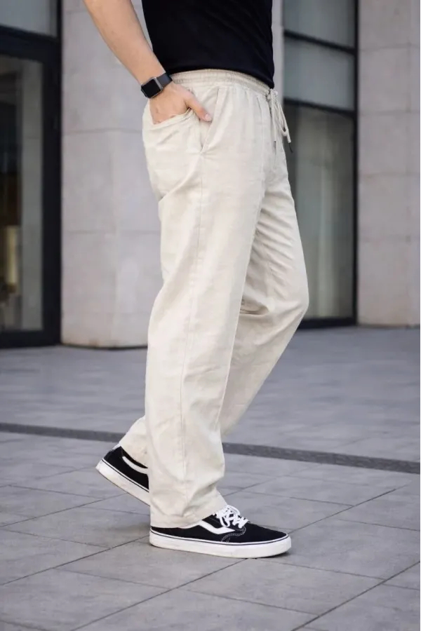 Erkek Keten Cepli Çıma Dikişli jogger Buggy Pantalon Rahat kalıp - Krem