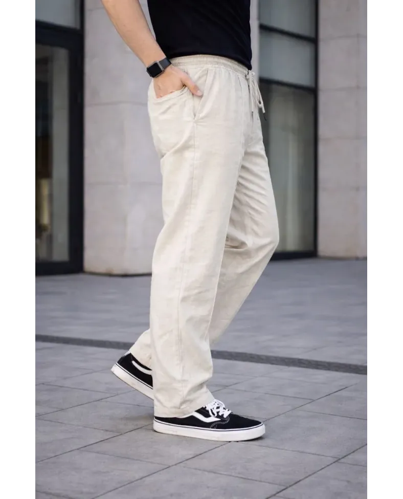Erkek Keten Cepli Çıma Dikişli jogger Buggy Pantalon Rahat kalıp - Krem