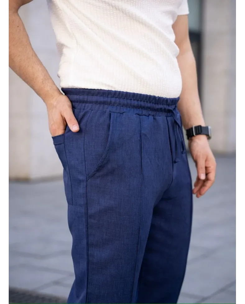 Erkek Keten Cepli Çıma Dikişli jogger Buggy Pantalon Rahat kalıp - Lacivert