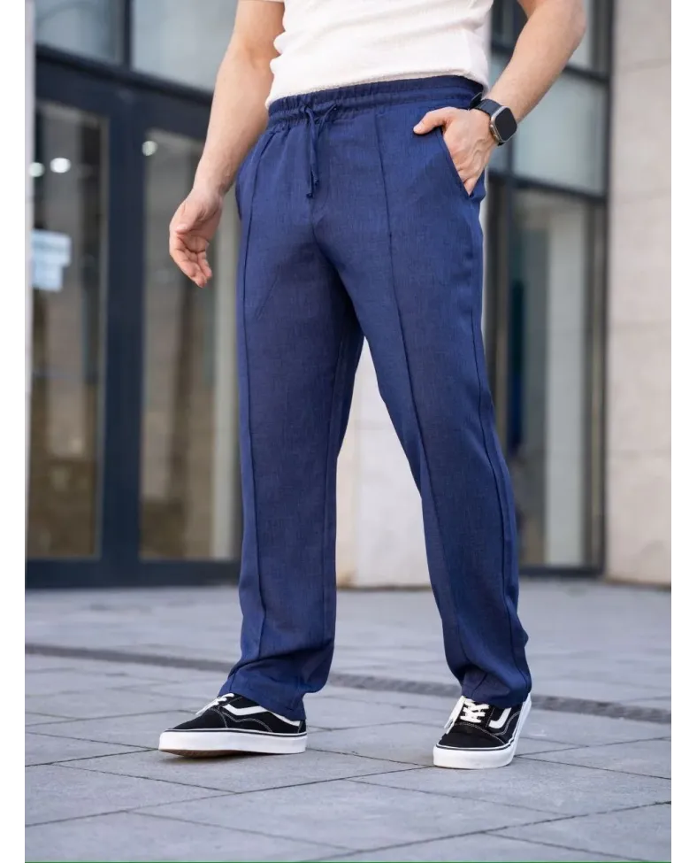 Erkek Keten Cepli Çıma Dikişli jogger Buggy Pantalon Rahat kalıp - Lacivert