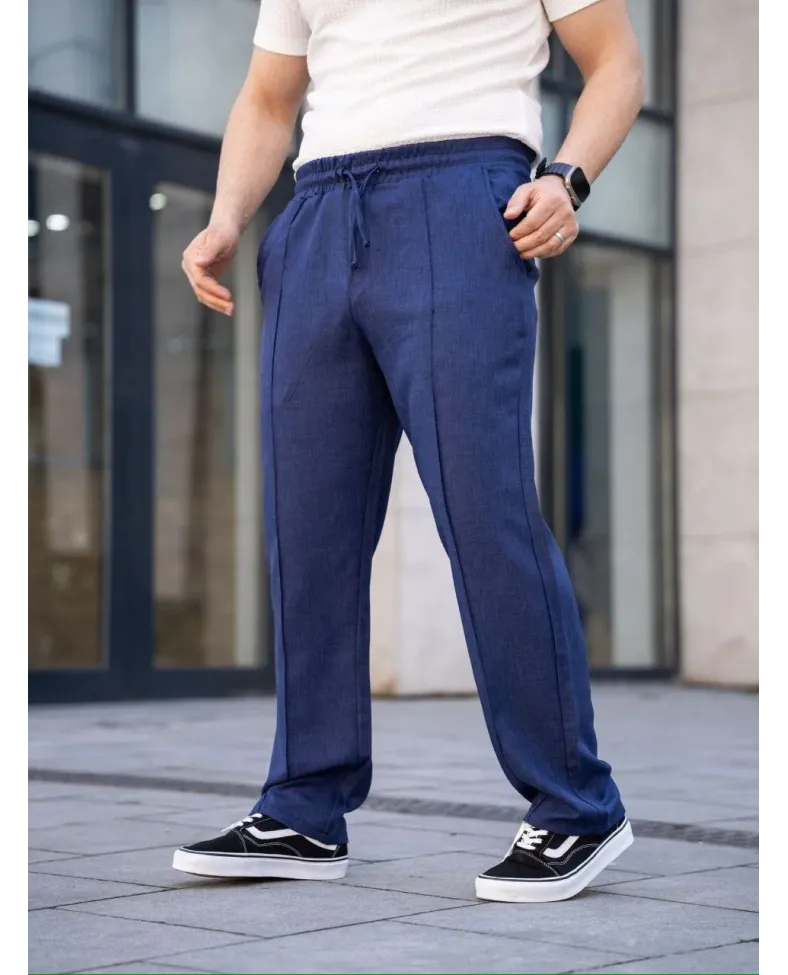 Erkek Keten Cepli Çıma Dikişli jogger Buggy Pantalon Rahat kalıp - Lacivert