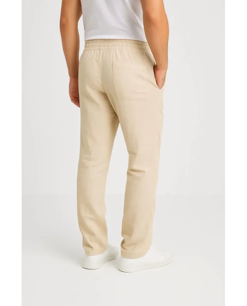 Erkek Keten Pantolon Cepli Beli Lastikli Bağcıklı Nefes Alan Kalıp Baharlık Giyim - Bej