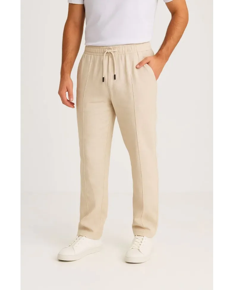 Erkek Keten Pantolon Cepli Beli Lastikli Bağcıklı Nefes Alan Kalıp Baharlık Giyim - Bej