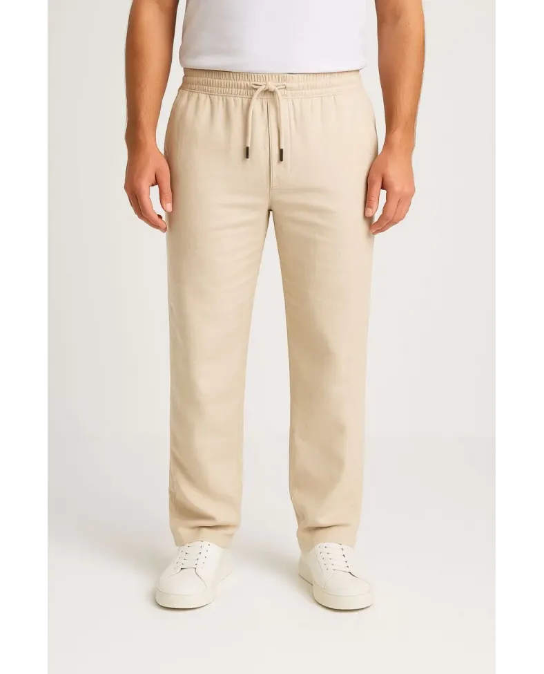 Erkek Keten Pantolon Cepli Beli Lastikli Bağcıklı Nefes Alan Kalıp Baharlık Giyim - Bej