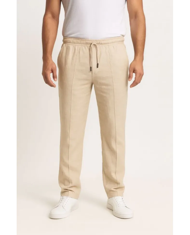 Erkek Keten Pantolon Cepli Beli Lastikli Bağcıklı Nefes Alan Kalıp Baharlık Giyim - Bej