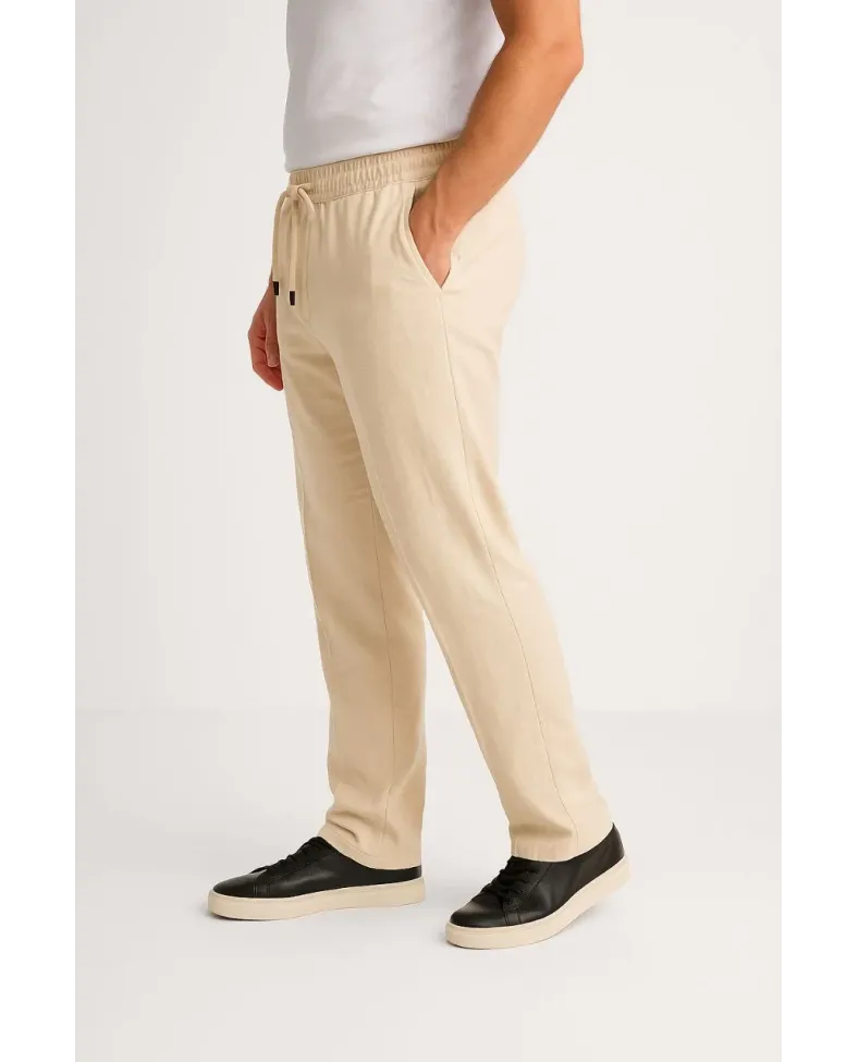 Erkek Keten Pantolon Cepli Beli Lastikli Bağcıklı Nefes Alan Kalıp Baharlık Giyim - Bej