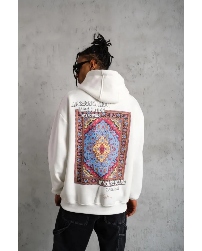 Erkek Kilim Desen Kapüşonlu Sweat - Beyaz