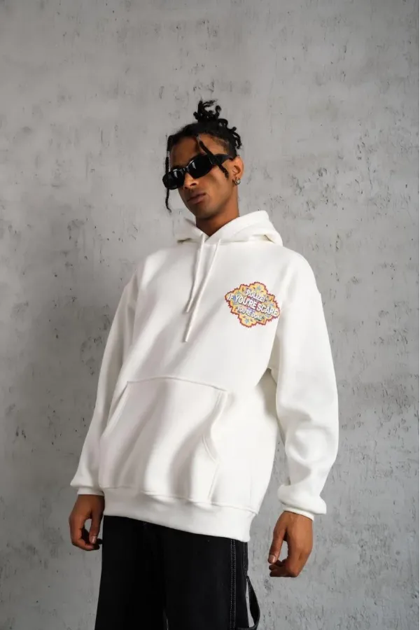 Erkek Kilim Desen Kapüşonlu Sweat - Beyaz