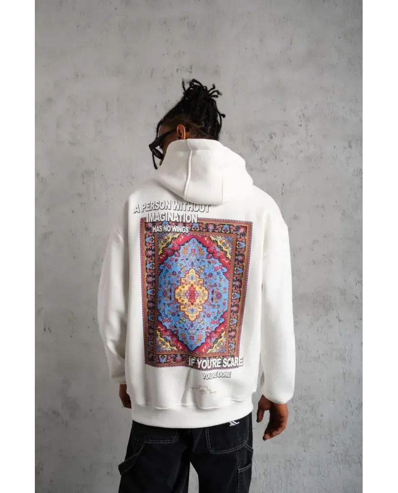 Erkek Kilim Desen Kapüşonlu Sweat - Beyaz