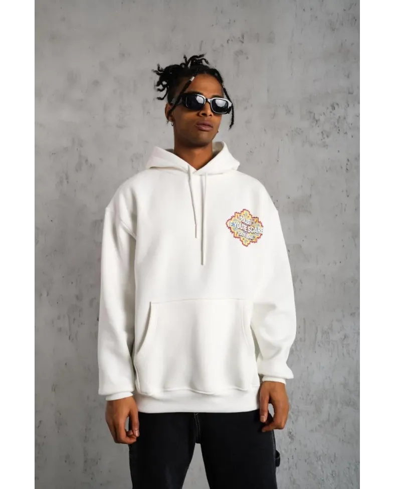 Erkek Kilim Desen Kapüşonlu Sweat - Beyaz